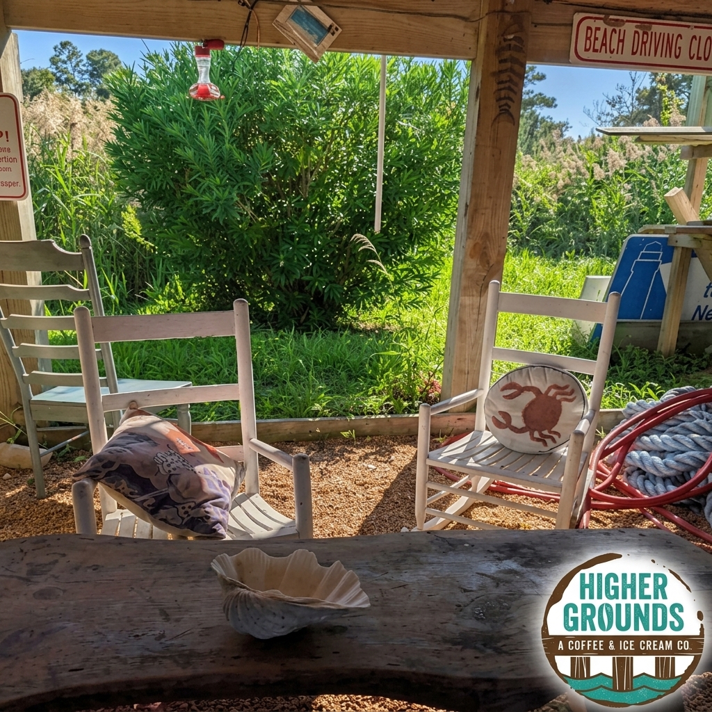 Outdoor seating and garden area at Higher Grounds